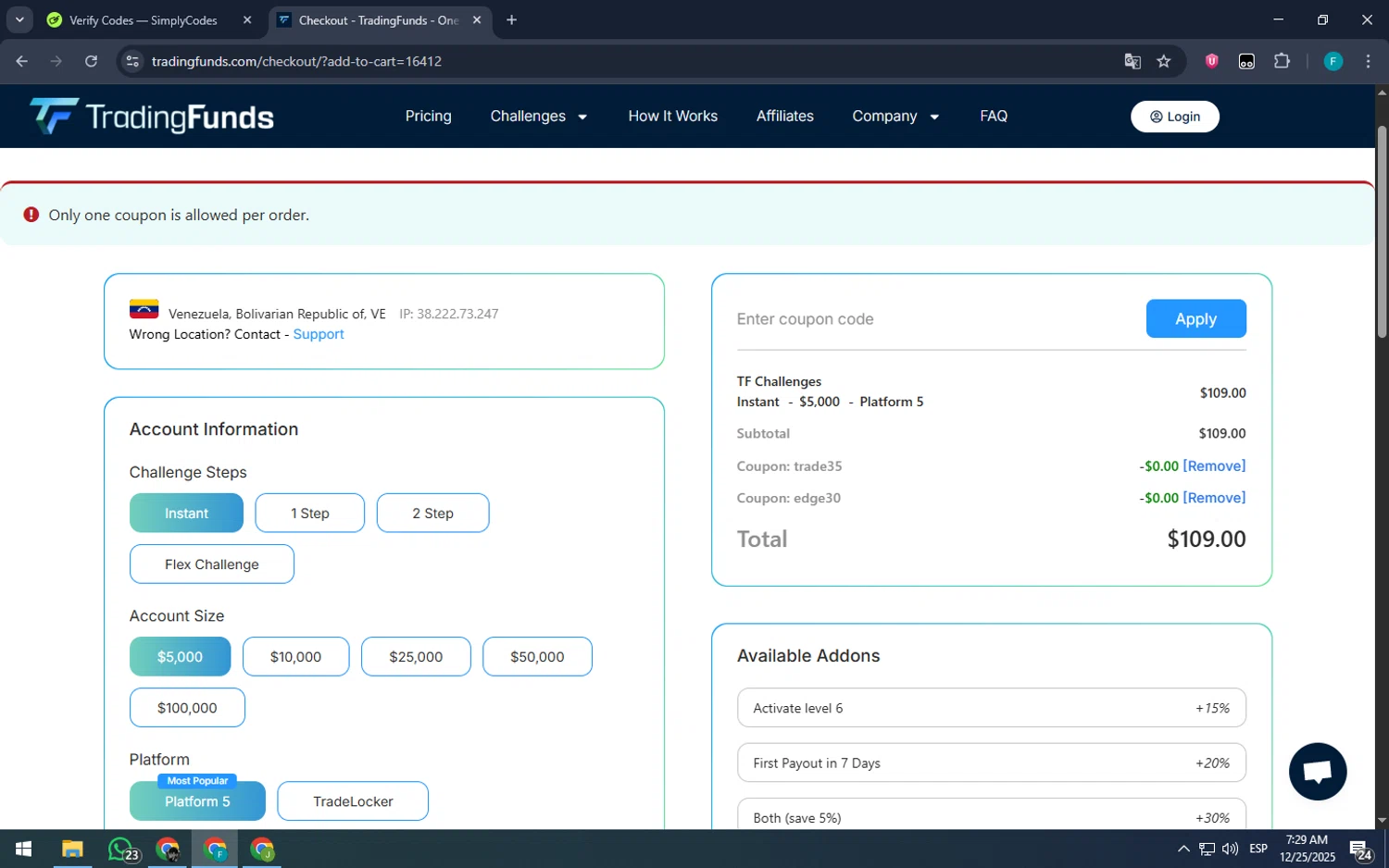 TradingFunds promo code screenshot showing code EDGE30 applied at TradingFunds checkout page. Uploaded by SimplyCodes community member ArizaJuan on Dec 25, 2025