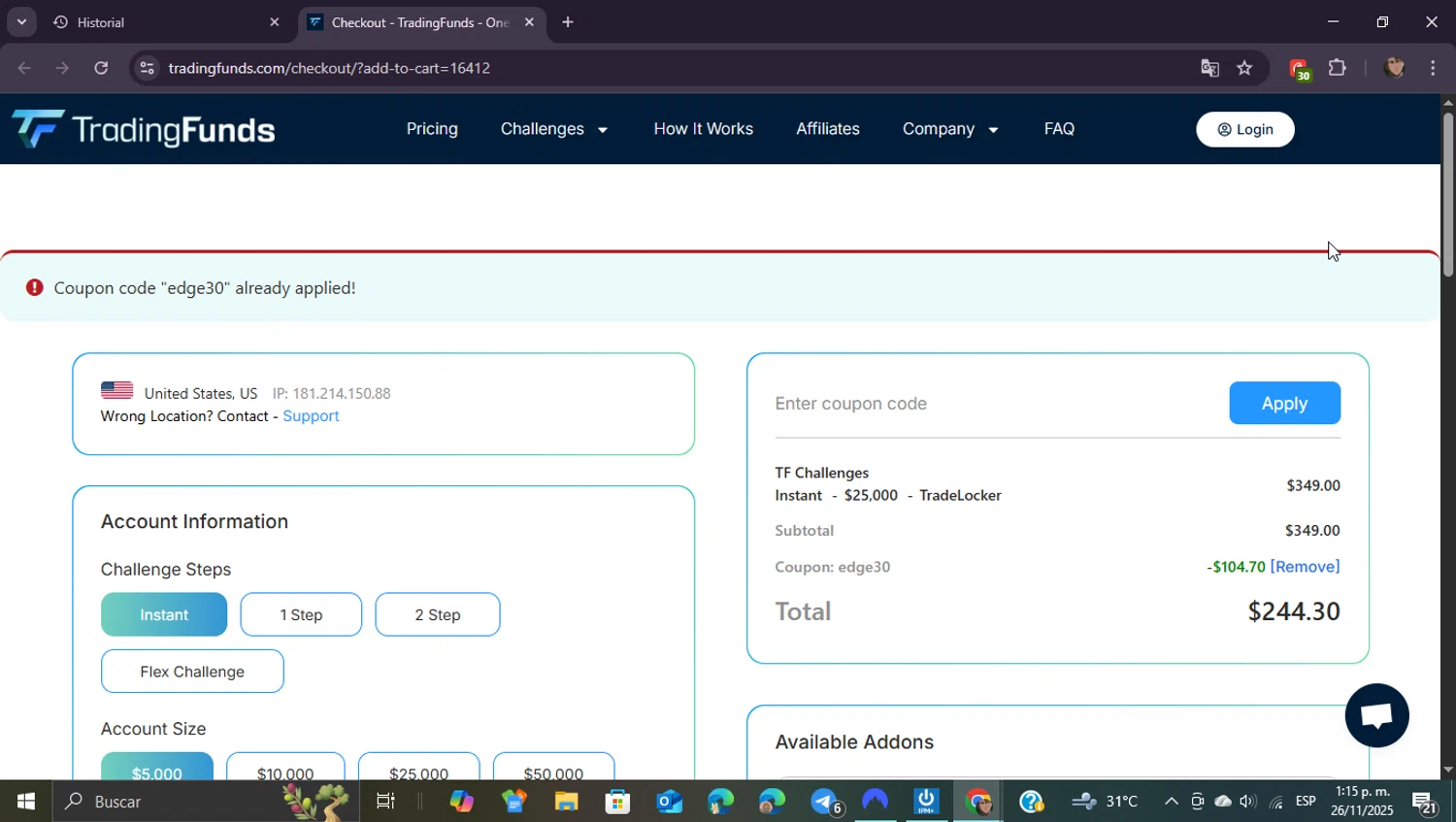 TradingFunds promo code screenshot showing code EDGE30 applied at TradingFunds checkout page. Uploaded by SimplyCodes community member ShieldEagle9436 on Nov 26, 2025