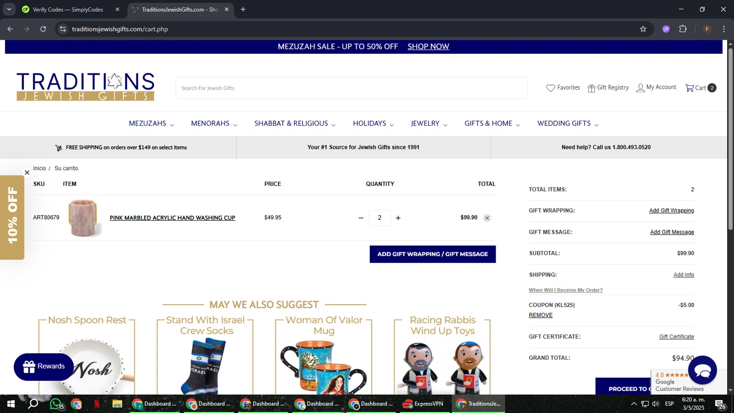Traditions Jewish Gifts coupon code screenshot showing code KL525 applied at Traditions Jewish Gifts checkout page. Uploaded by SimplyCodes community member ExtraordinaryHunter3076 on May 3, 2025
