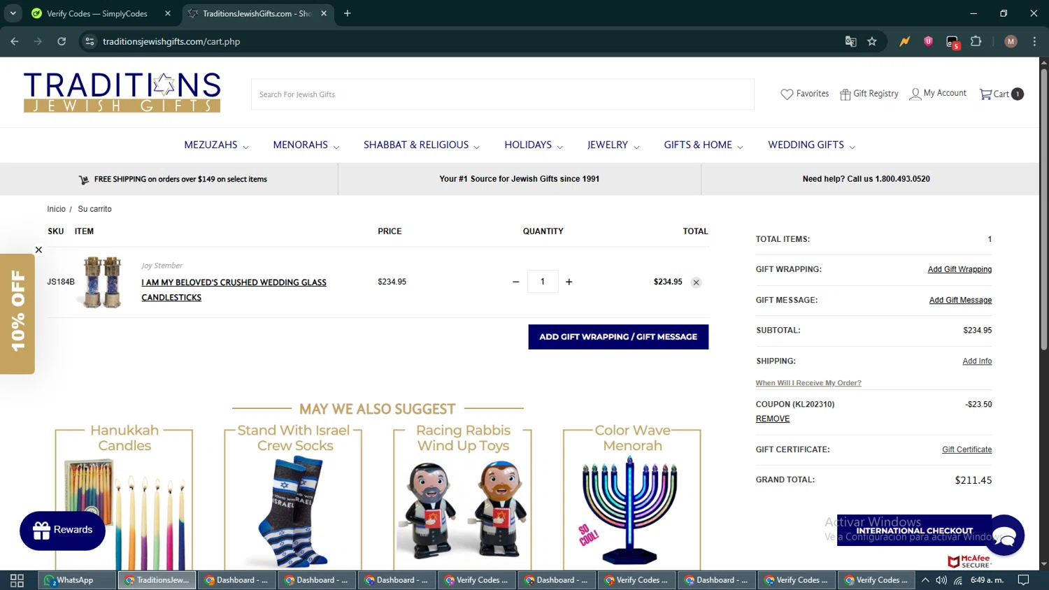 Traditions Jewish Gifts coupon code screenshot showing code KL202310 applied at Traditions Jewish Gifts checkout page. Uploaded by SimplyCodes community member DiscountTitan4635 on Nov 19, 2025