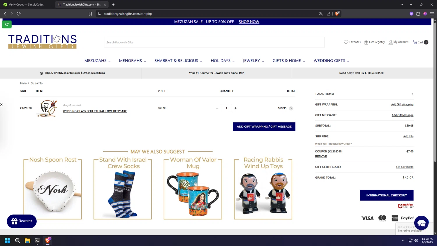 Traditions Jewish Gifts coupon code screenshot showing code KL202310 applied at Traditions Jewish Gifts checkout page. Uploaded by SimplyCodes community member TOKIOBOT on May 3, 2025