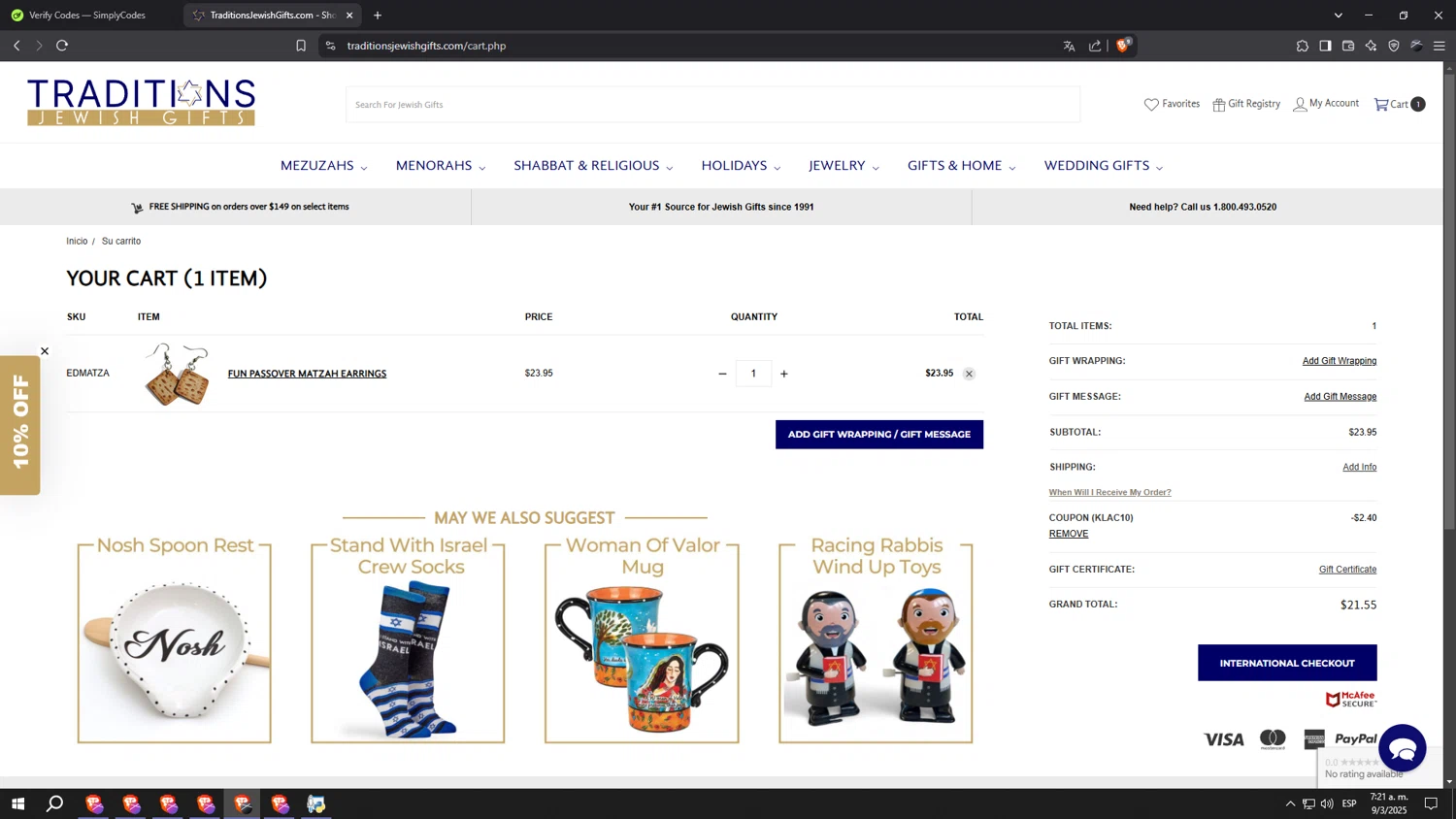 Traditions Jewish Gifts coupon code screenshot showing code KLAC10 applied at Traditions Jewish Gifts checkout page. Uploaded by SimplyCodes community member sssssssssssssssssss on Mar 9, 2025
