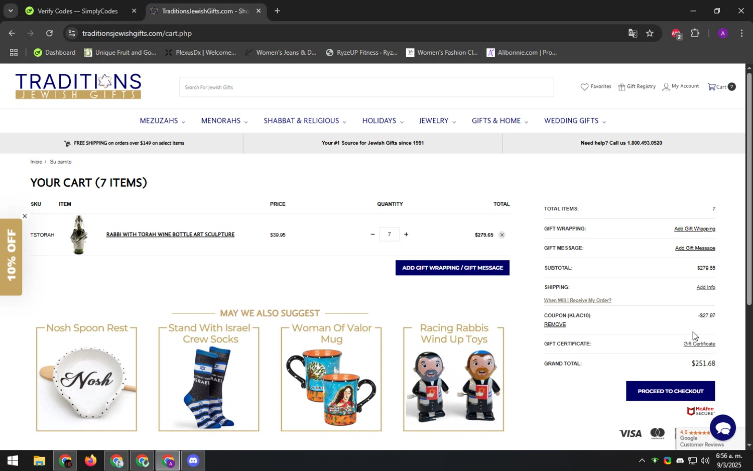 Traditions Jewish Gifts coupon code screenshot showing code KLAC10 applied at Traditions Jewish Gifts checkout page. Uploaded by SimplyCodes community member DeathBone on Mar 9, 2025