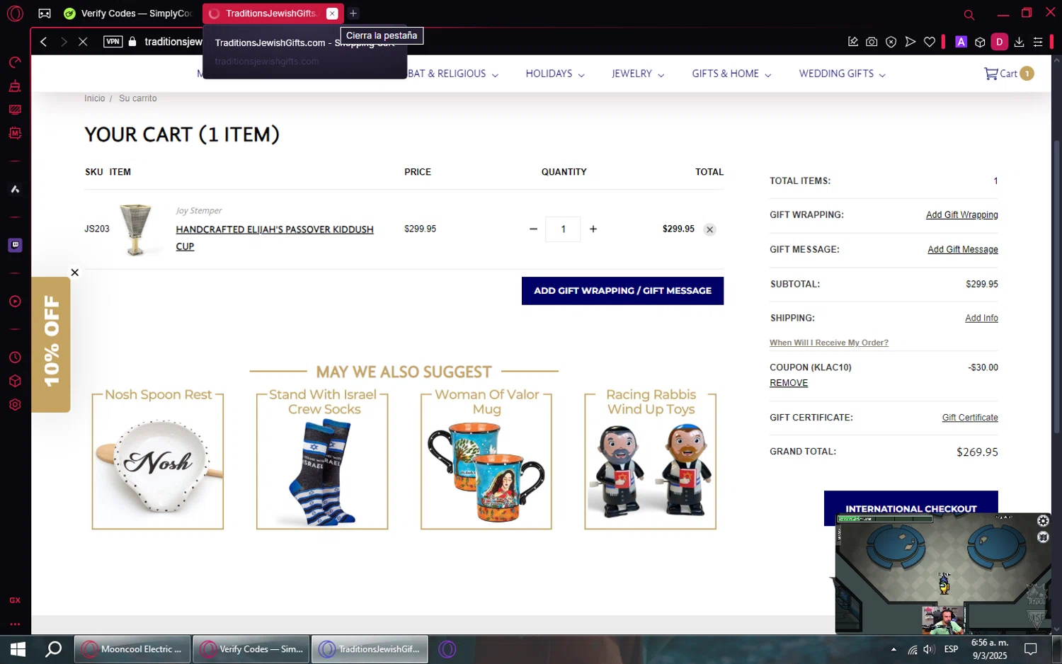 Traditions Jewish Gifts coupon code screenshot showing code KLAC10 applied at Traditions Jewish Gifts checkout page. Uploaded by SimplyCodes community member CoinBoss7661 on Mar 9, 2025