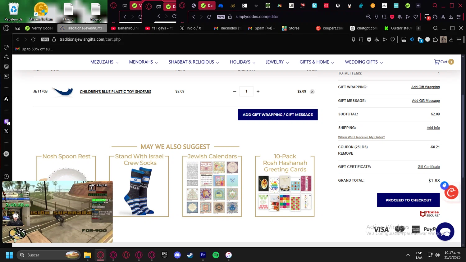 Traditions Jewish Gifts checkout page showing Traditions Jewish Gifts coupon code box | Screenshot taken by SimplyCodes community member on Aug 31, 2025