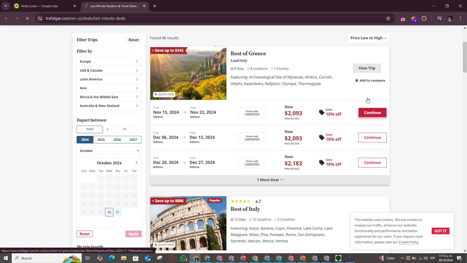 Trafalgar checkout page showing Trafalgar promo code box | Screenshot taken by SimplyCodes community member on Oct 30, 2024