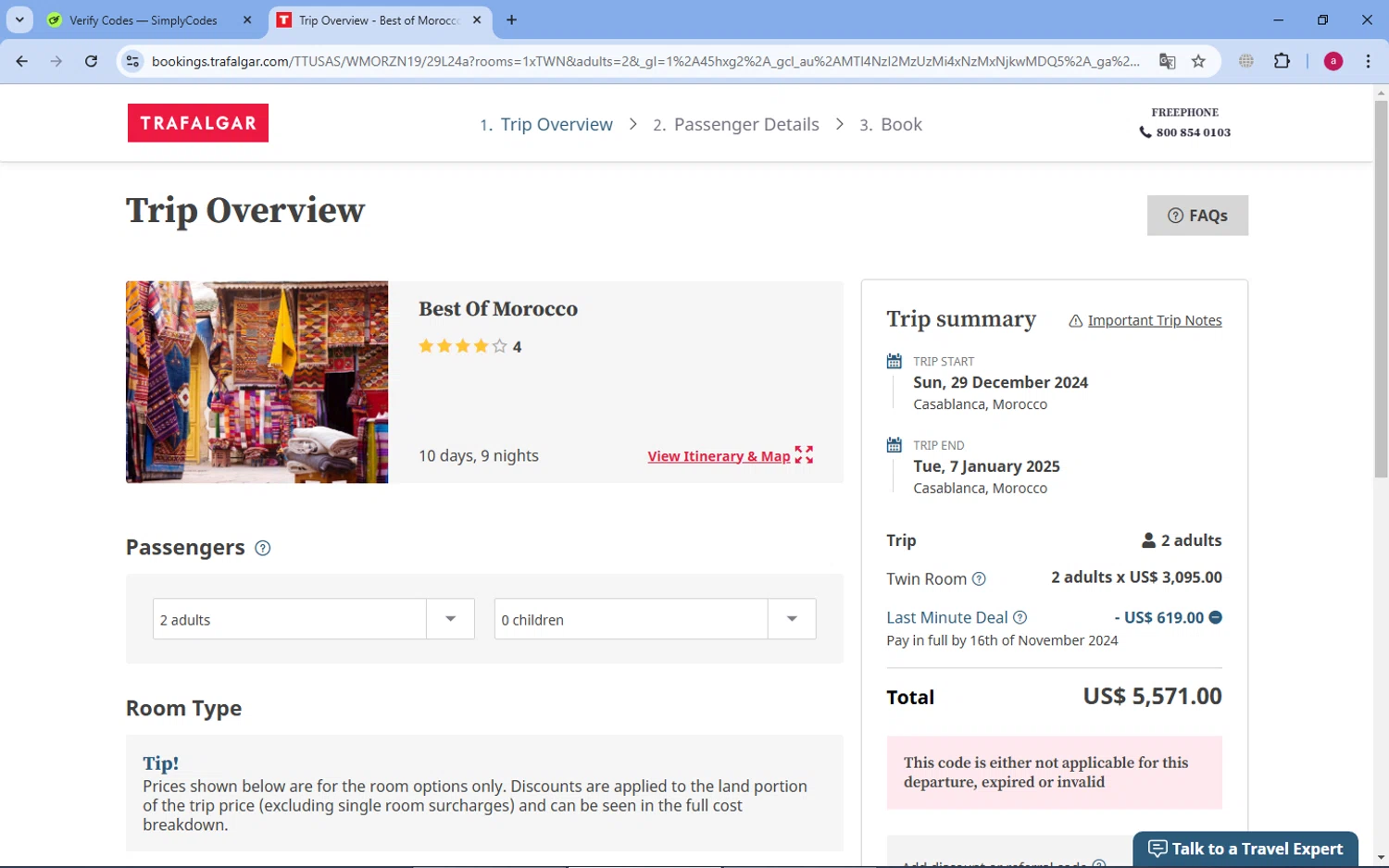 Trafalgar checkout page showing Trafalgar promo code box | Screenshot taken by SimplyCodes community member on Nov 15, 2024