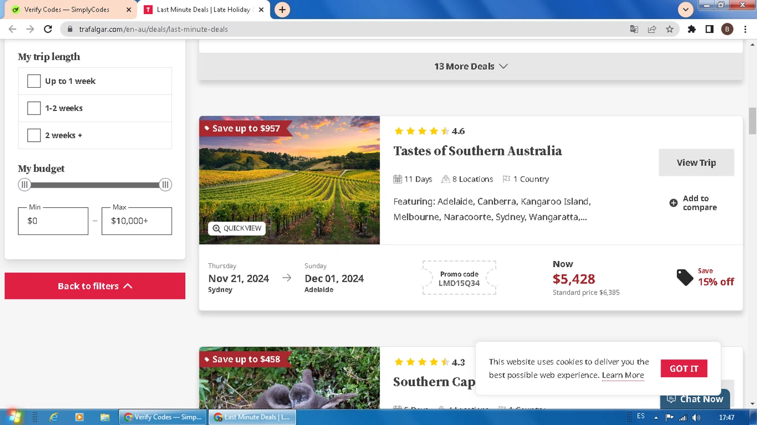 Trafalgar checkout page showing Trafalgar promo code box | Screenshot taken by SimplyCodes community member on Nov 19, 2024