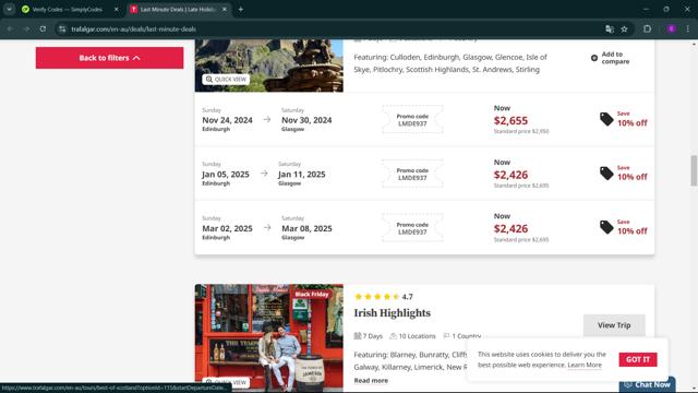 Trafalgar checkout page showing Trafalgar promo code box | Screenshot taken by SimplyCodes community member on Nov 19, 2024