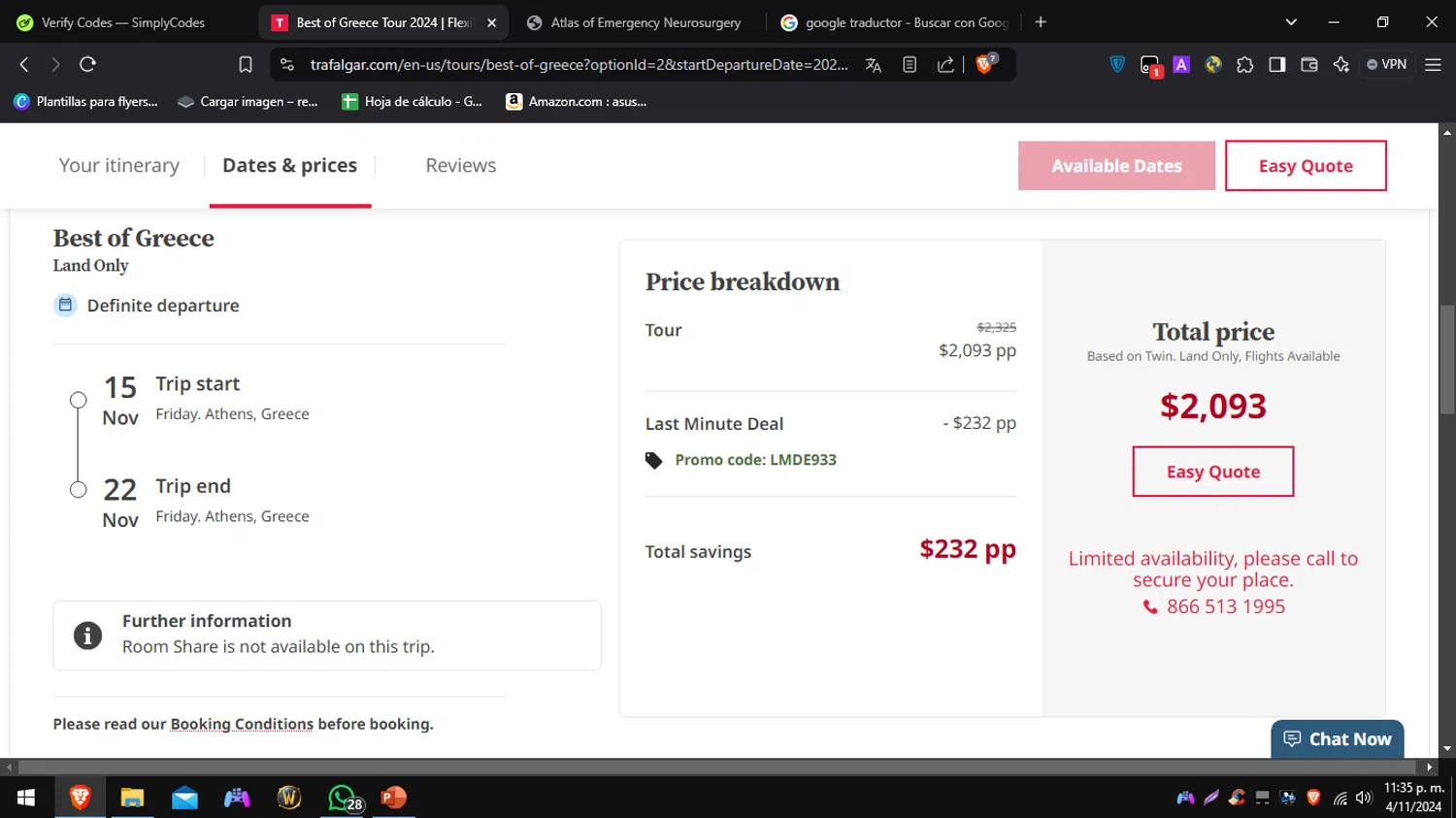 Trafalgar checkout page showing Trafalgar promo code box | Screenshot taken by SimplyCodes community member on Nov 5, 2024