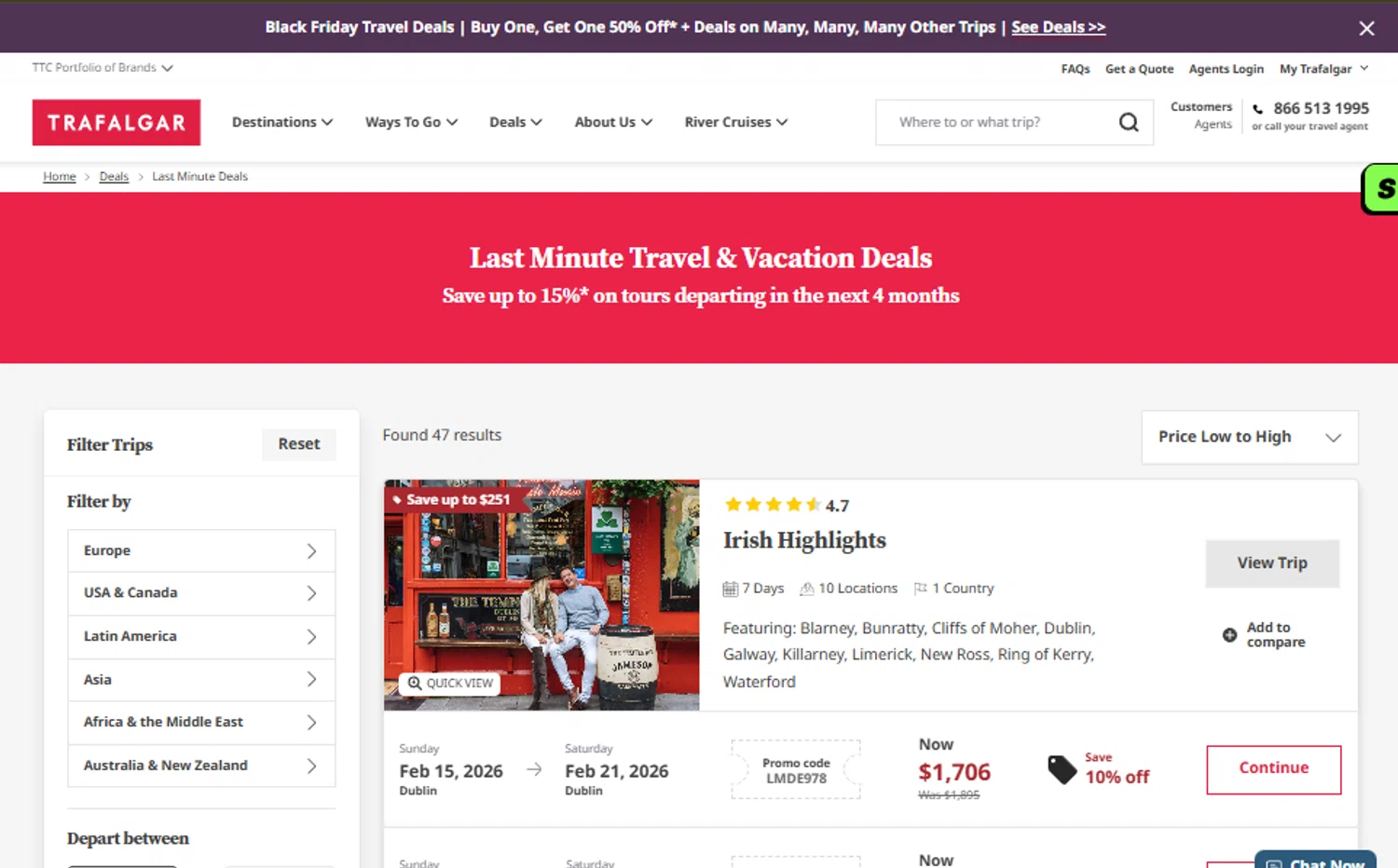 Trafalgar promo code screenshot showing code LMDE978 applied at Trafalgar checkout page. Uploaded by SimplyCodes community member SimplyCVerlie on Nov 11, 2025