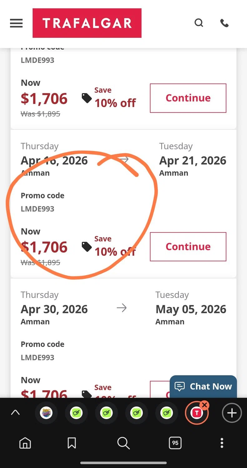 Trafalgar promo code screenshot showing code LMDE933 applied at Trafalgar checkout page. Uploaded by SimplyCodes community member Dejadepicharme on Feb 16, 2026
