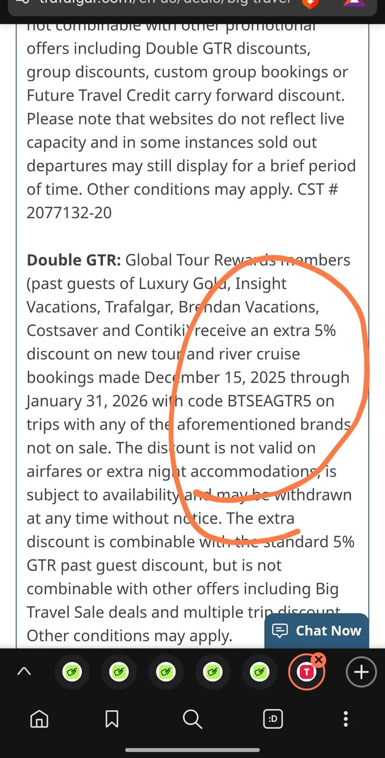 Trafalgar promo code screenshot showing code BTSEAGTR5 applied at Trafalgar checkout page. Uploaded by SimplyCodes community member Dejadepicharme on Jan 17, 2026
