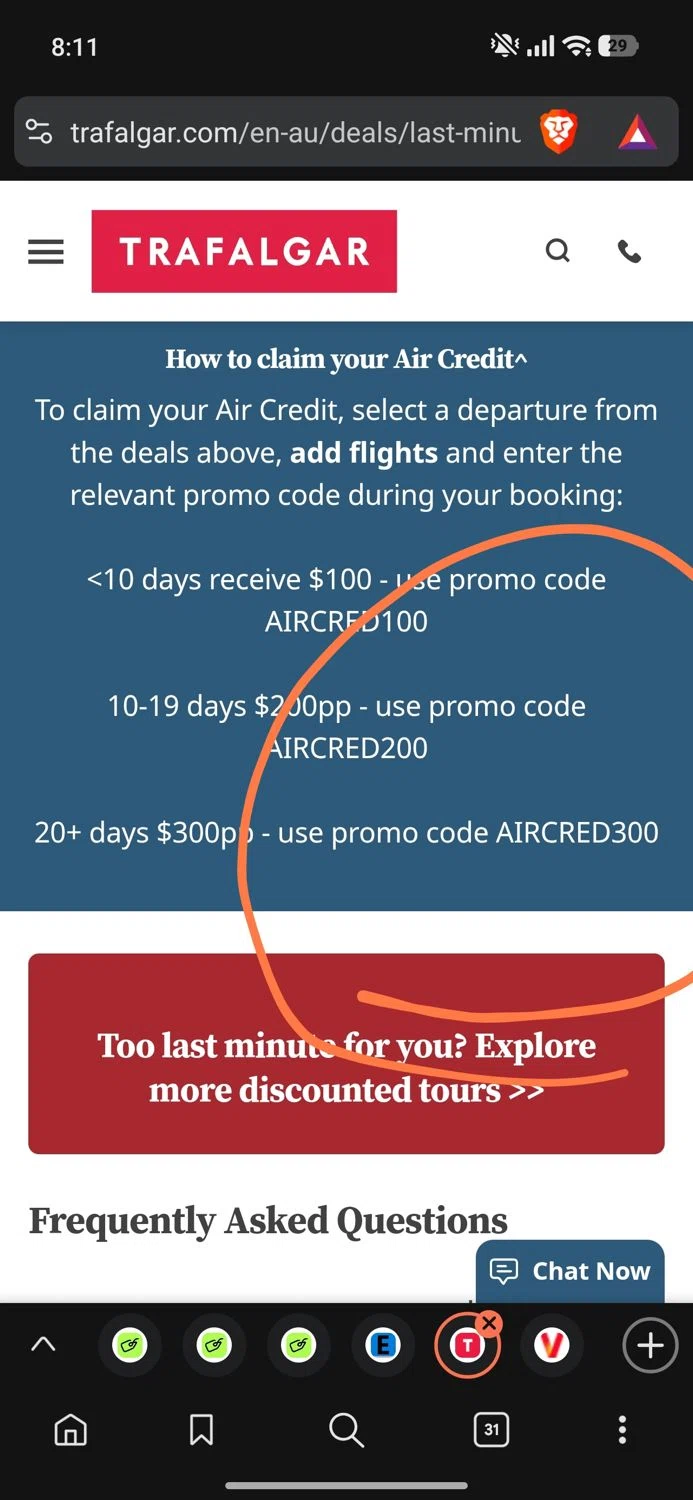 Trafalgar promo code screenshot showing code AIRCRED300 applied at Trafalgar checkout page. Uploaded by SimplyCodes community member Dejadepicharme on Dec 10, 2025