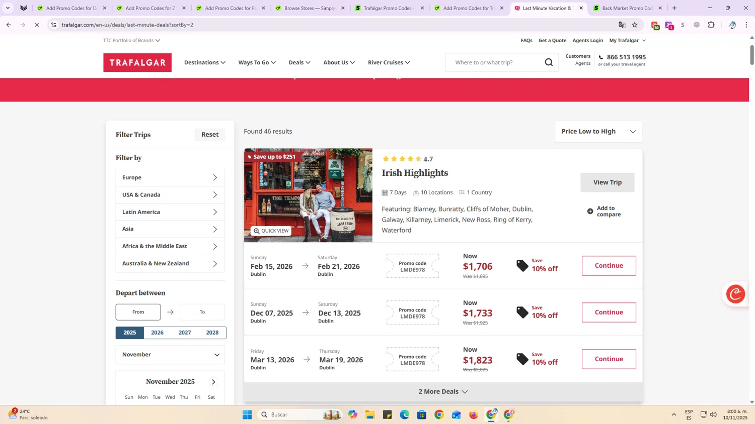 Trafalgar promo code screenshot showing code LMDE978 applied at Trafalgar checkout page. Uploaded by SimplyCodes community member OriCarol on Nov 10, 2025