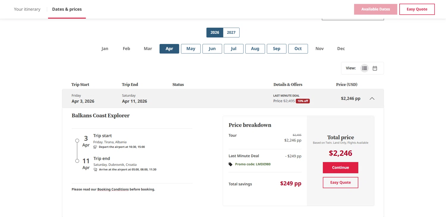 Trafalgar promo code screenshot showing code LMDE980 applied at Trafalgar checkout page. Uploaded by SimplyCodes community member pabloprieto on Dec 28, 2025