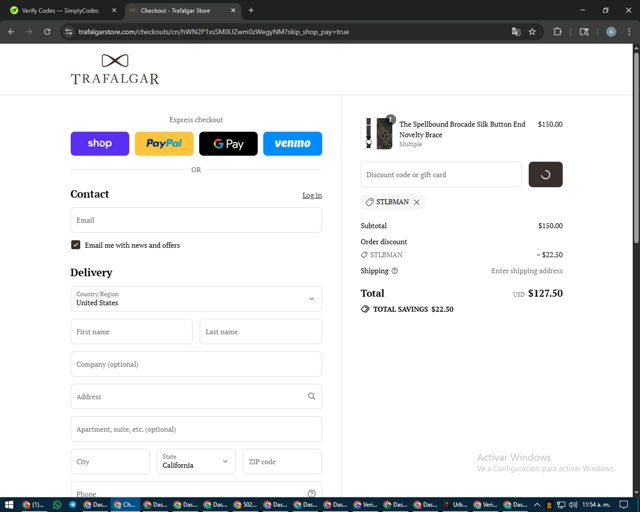 Trafalgar Store checkout page showing Trafalgar Store discount code box | Screenshot taken by SimplyCodes community member on Aug 30, 2025