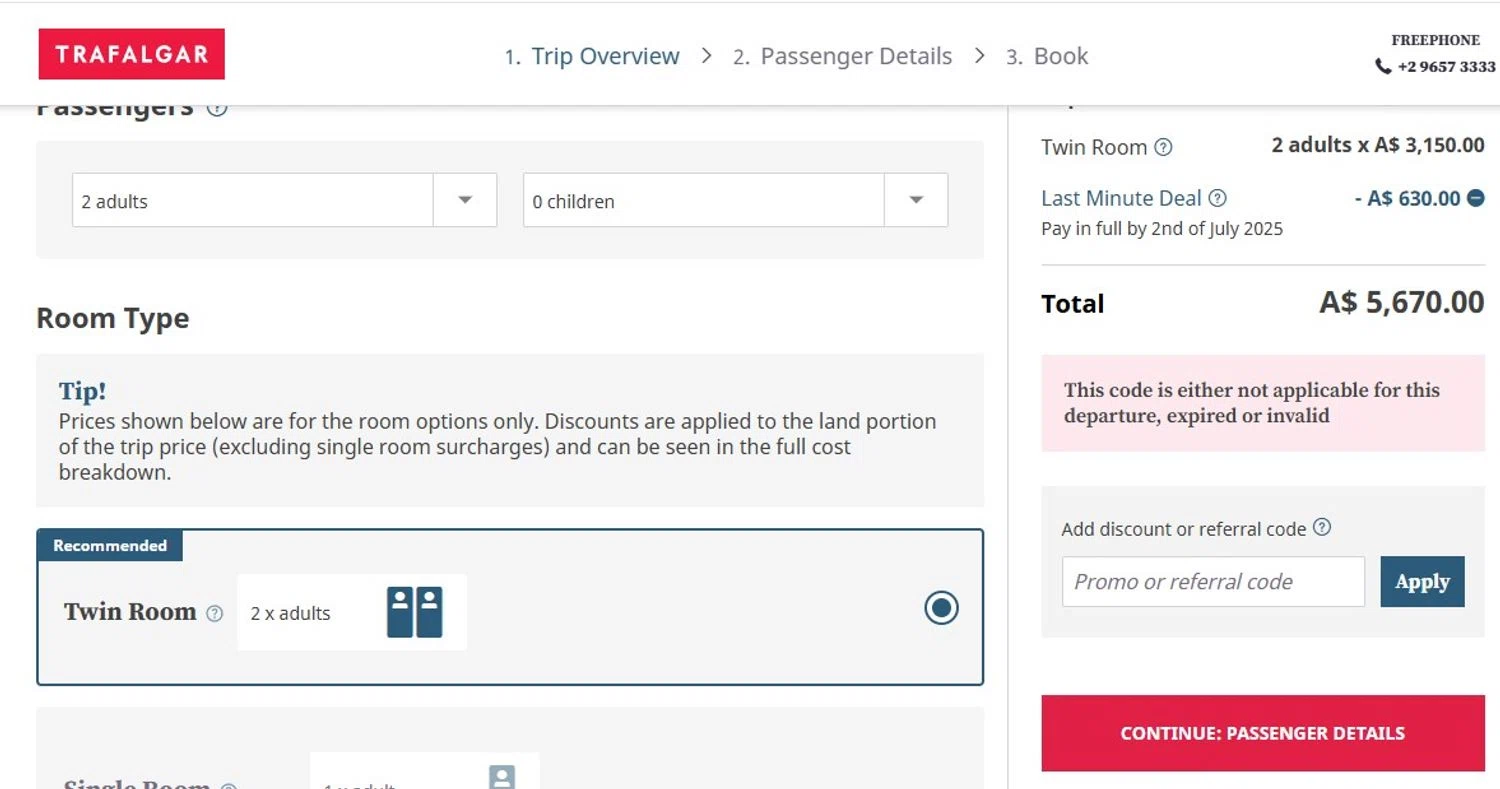 Trafalgar Tours discount code screenshot showing code AIRCRED300 applied at Trafalgar Tours checkout page. Uploaded by SimplyCodes community member Quemiras on Jul 1, 2025