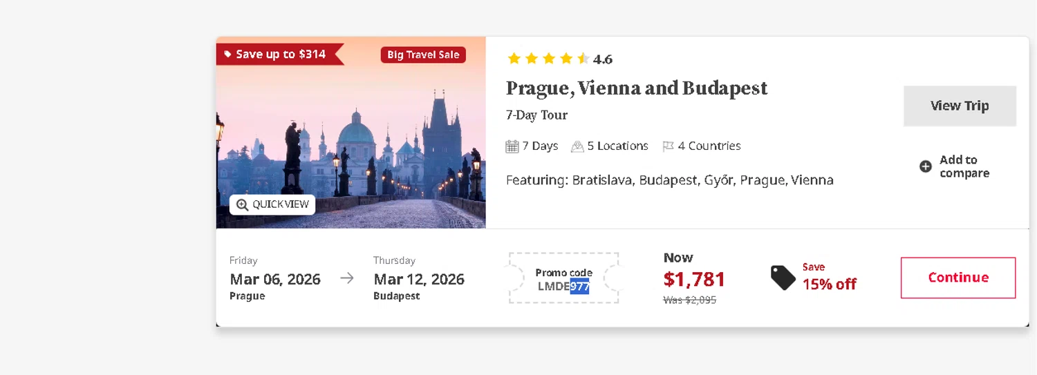 Trafalgar Tours checkout page showing Trafalgar Tours discount code box | Screenshot taken by SimplyCodes community member on Jan 8, 2026