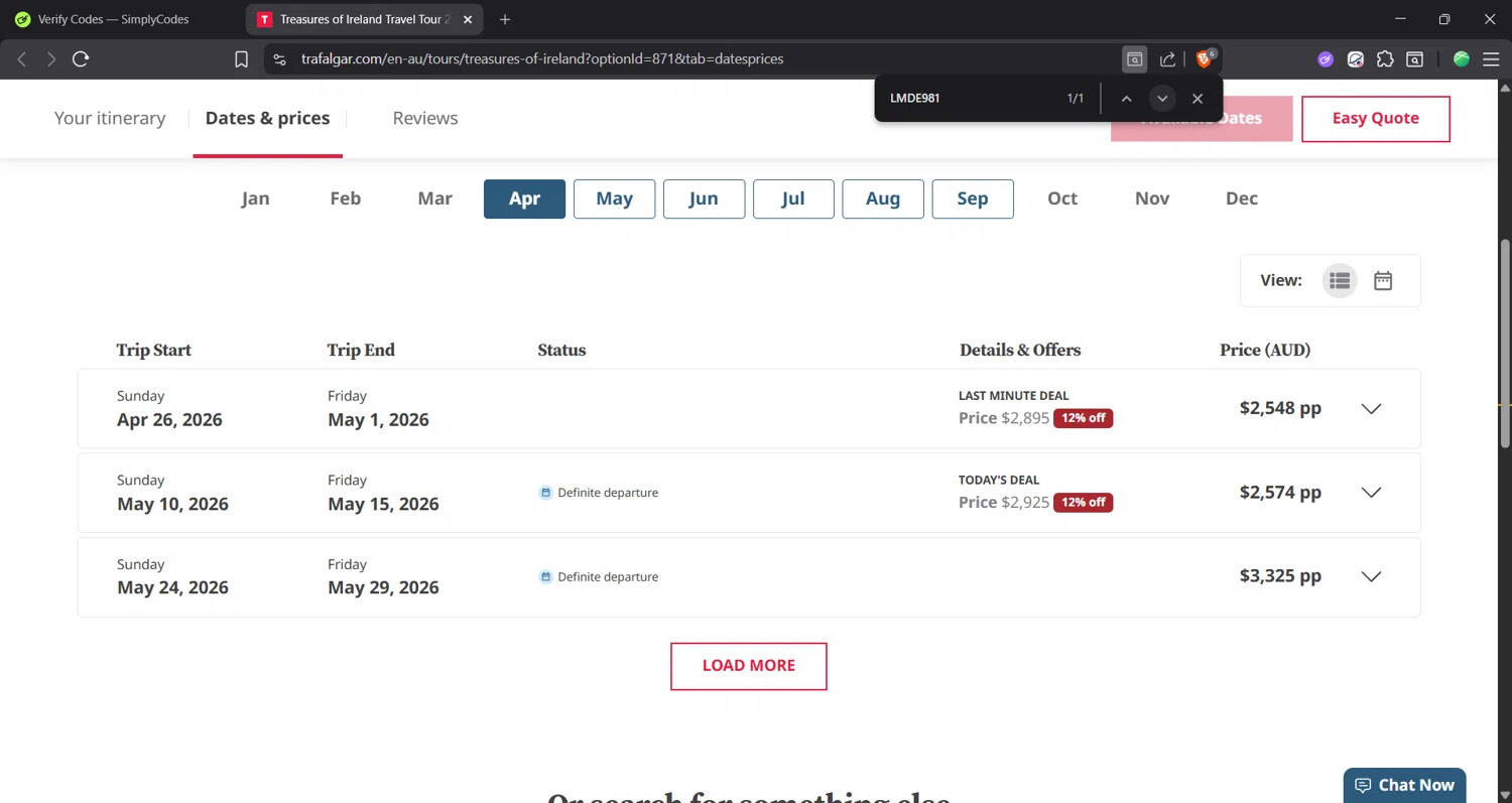 Trafalgar Tours discount code screenshot showing code LMDE981 applied at Trafalgar Tours checkout page. Uploaded by SimplyCodes community member Focus_123 on Dec 13, 2025