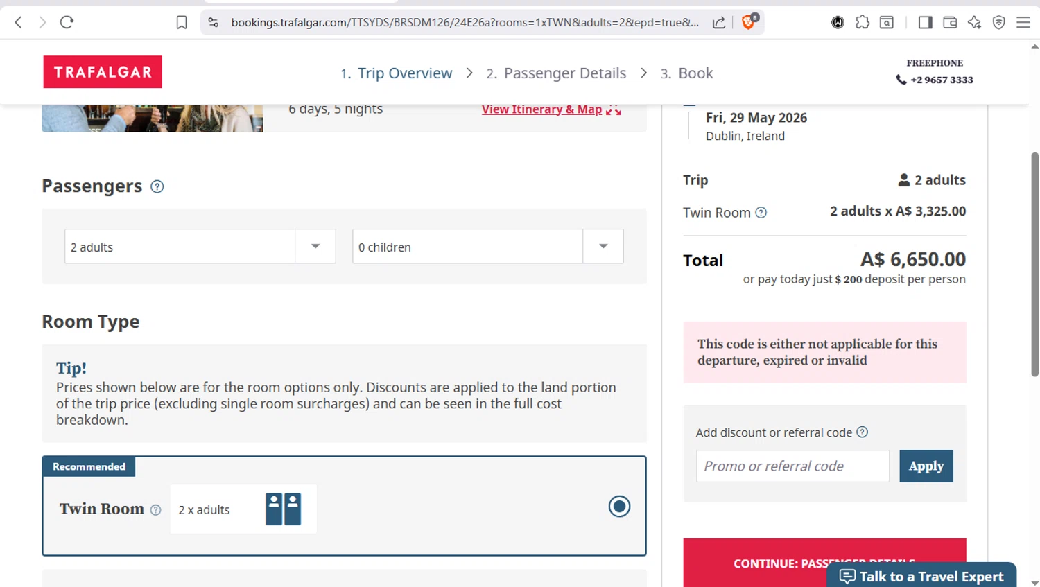 Trafalgar Tours discount code screenshot showing code LMDE981 applied at Trafalgar Tours checkout page. Uploaded by SimplyCodes community member dayselis15 on Dec 12, 2025