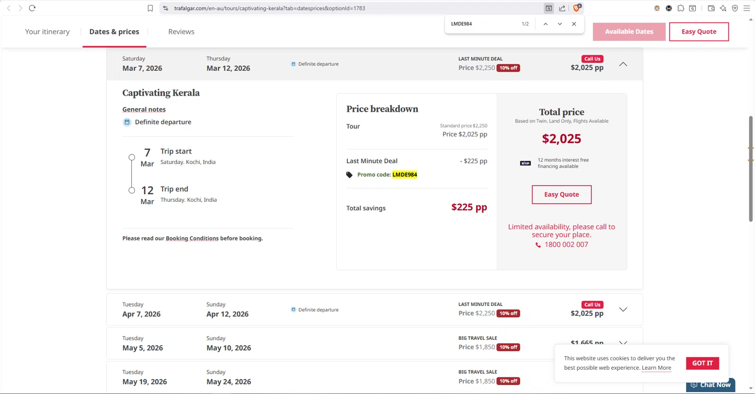 Trafalgar Tours checkout page showing Trafalgar Tours discount code box | Screenshot taken by SimplyCodes community member on Feb 10, 2026