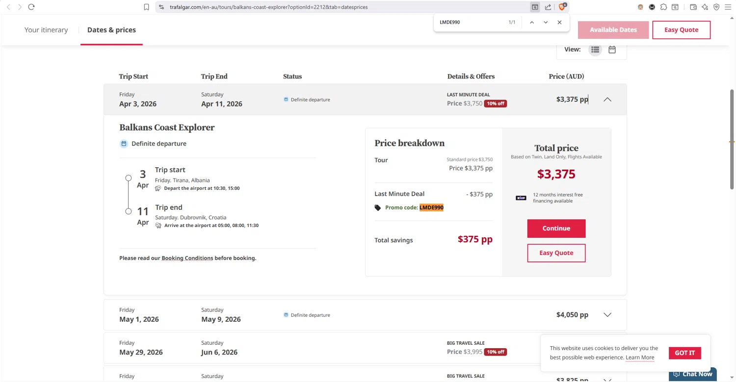 Trafalgar Tours checkout page showing Trafalgar Tours discount code box | Screenshot taken by SimplyCodes community member on Feb 10, 2026