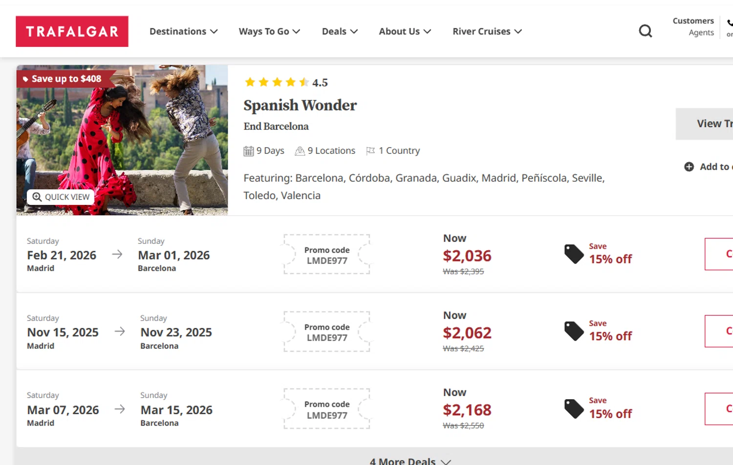 Trafalgar Tours discount code screenshot showing code LMDE977 applied at Trafalgar Tours checkout page. Uploaded by SimplyCodes community member Dejadepicharme on Nov 11, 2025
