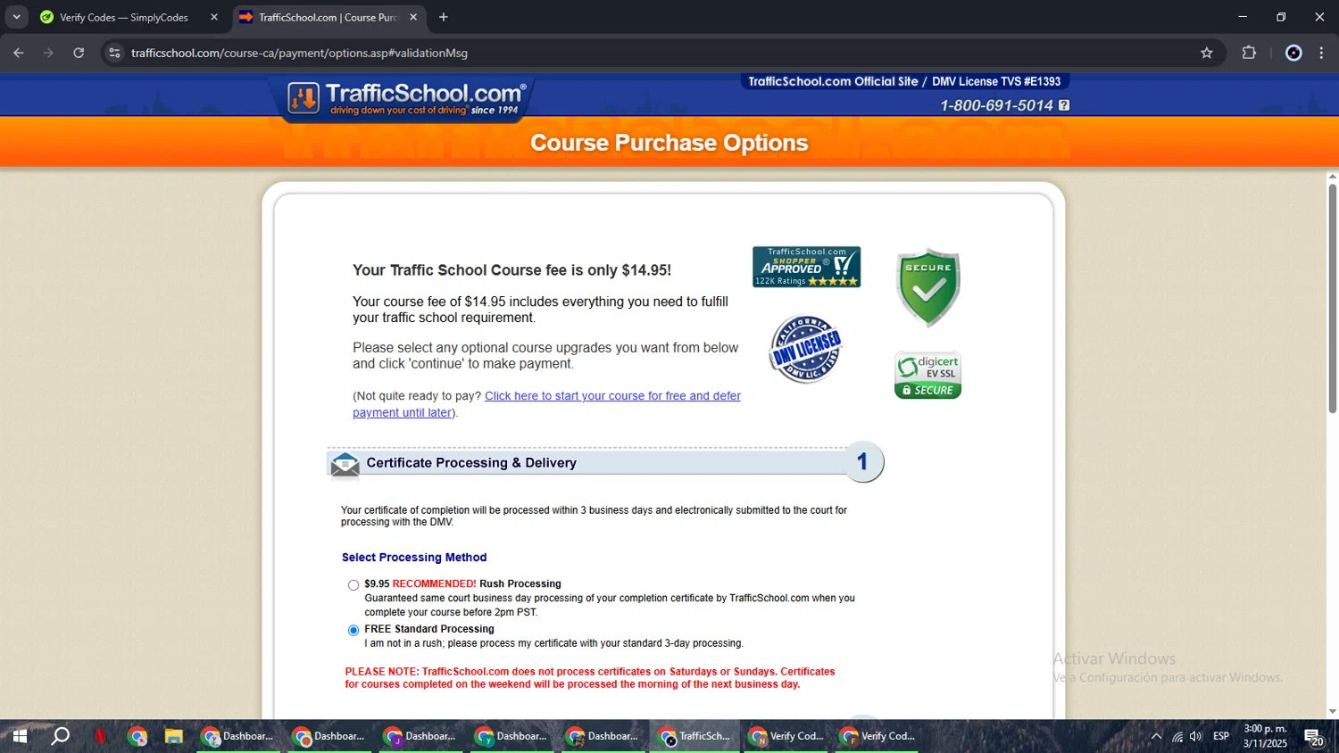 TrafficSchool.com promo code screenshot showing code TICKET applied at TrafficSchool.com checkout page. Uploaded by SimplyCodes community member RoyalBoss4384 on Nov 3, 2025