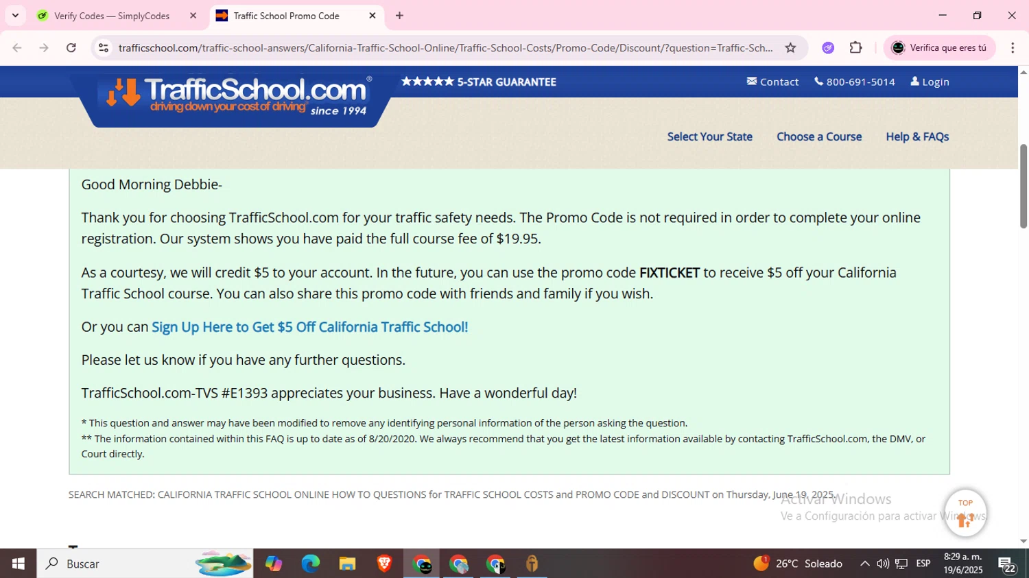 TrafficSchool.com promo code screenshot showing code FIXTICKET applied at TrafficSchool.com checkout page. Uploaded by SimplyCodes community member BargainWizard5755 on Jun 19, 2025