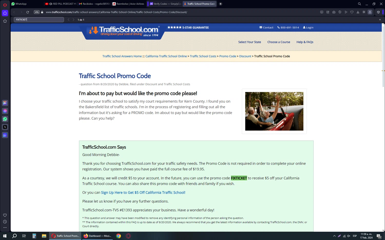 TrafficSchool.com checkout page showing TrafficSchool.com promo code box | Screenshot taken by SimplyCodes community member on Feb 17, 2024