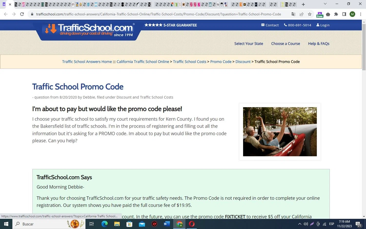 TrafficSchool.com checkout page showing TrafficSchool.com promo code box | Screenshot taken by SimplyCodes community member on Nov 22, 2023