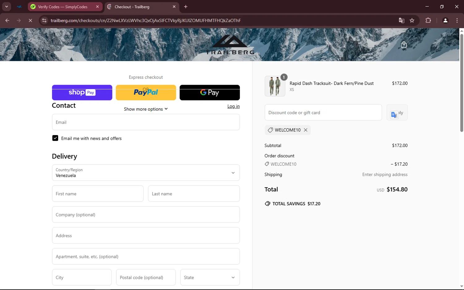 Trailberg discount code screenshot showing code WELCOME10 applied at Trailberg checkout page. Uploaded by SimplyCodes community member Makunouchi on Mar 27, 2025