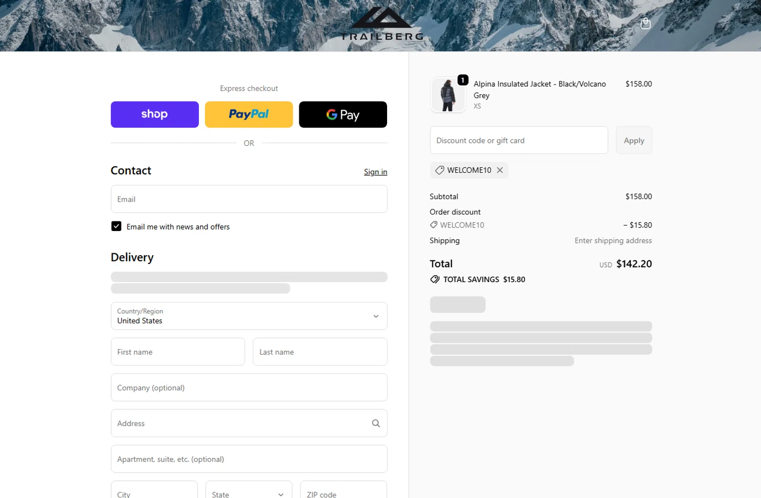 Trailberg checkout page showing Trailberg discount code box | Screenshot taken by SimplyCodes community member on Jan 13, 2026