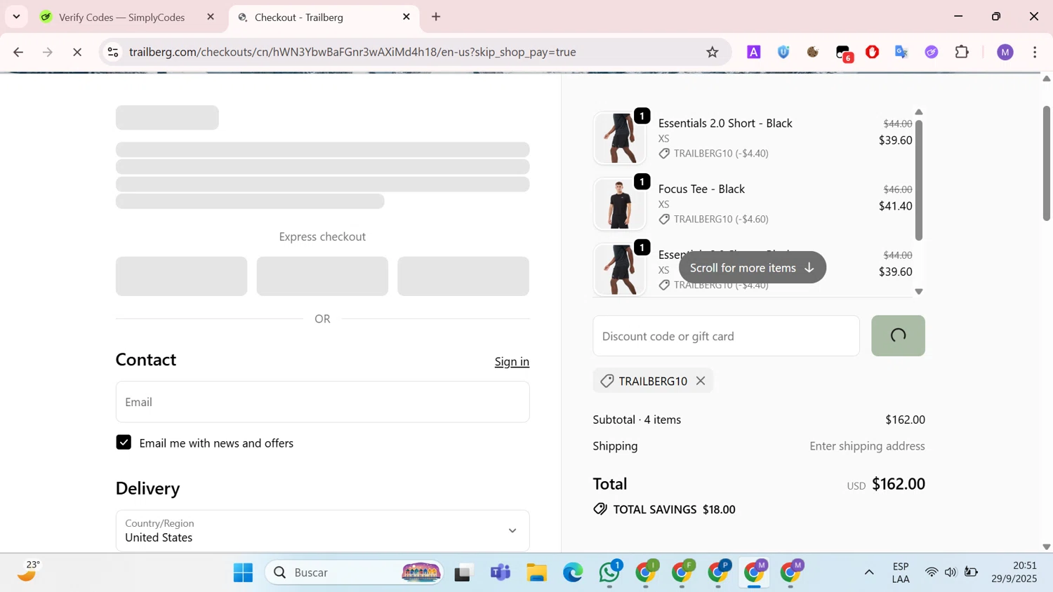 Trailberg discount code screenshot showing code TRAILBERG10 applied at Trailberg checkout page. Uploaded by SimplyCodes community member CouponCollector598 on Sep 30, 2025