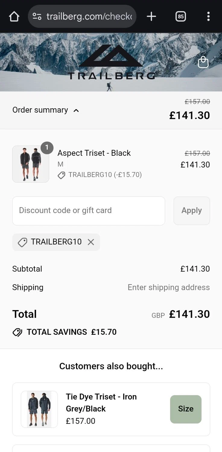 Trailberg discount code screenshot showing code TRAILBERG10 applied at Trailberg checkout page. Uploaded by SimplyCodes community member ValiantCurator3344 on Jul 15, 2025