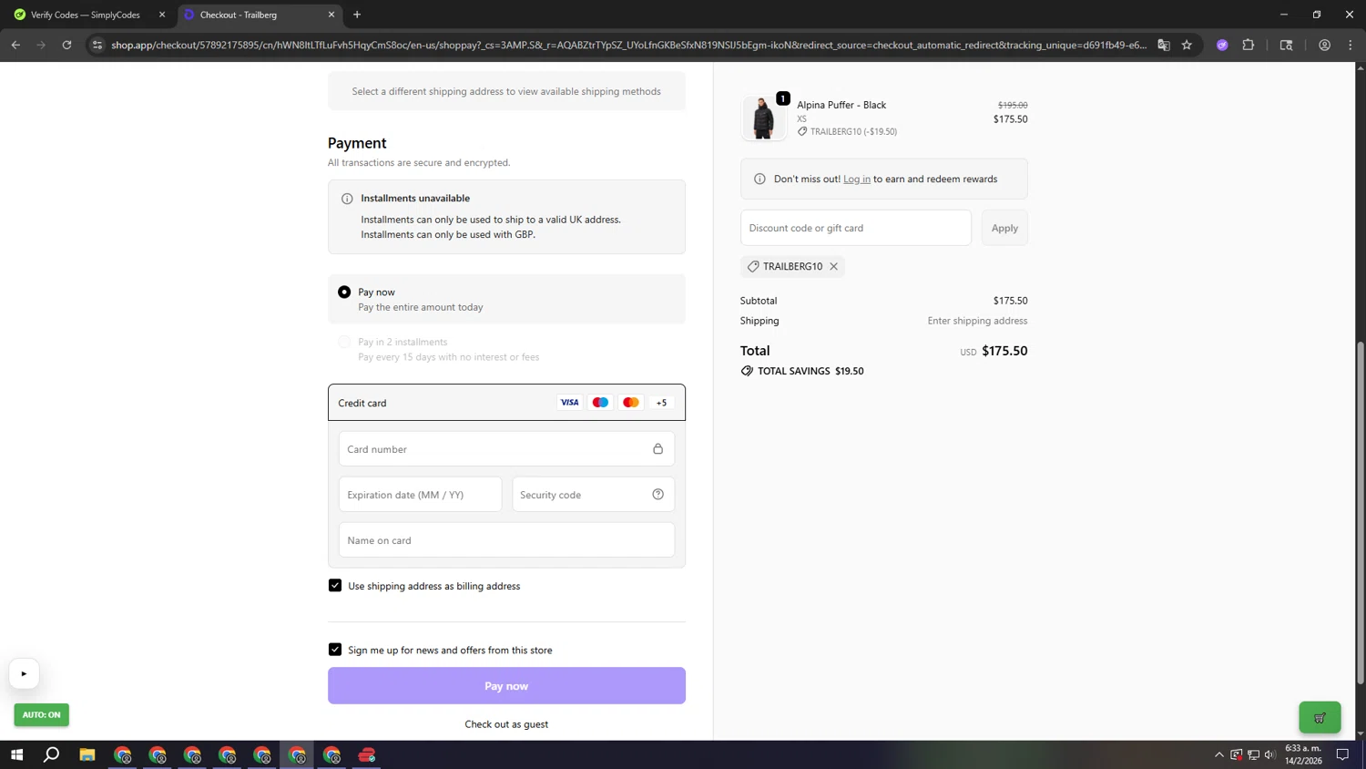 Trailberg discount code screenshot showing code TRAILBERG10 applied at Trailberg checkout page. Uploaded by SimplyCodes community member fffffffffffffffffff on Feb 14, 2026