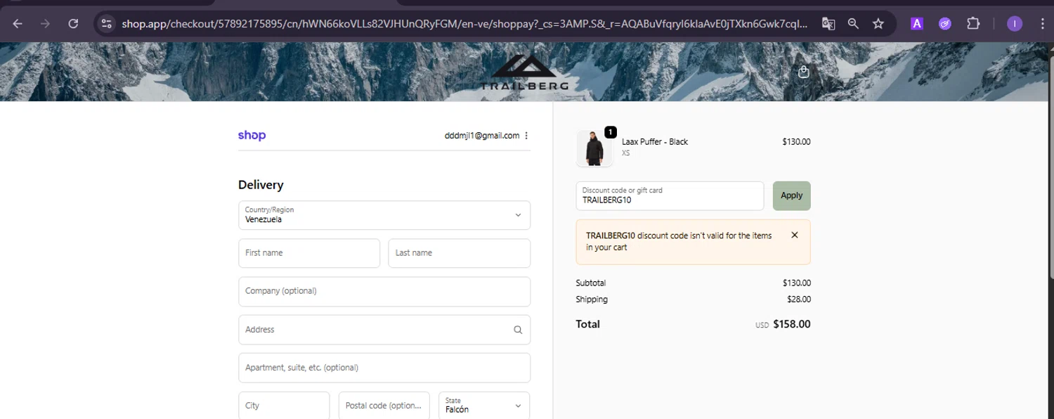 Trailberg discount code screenshot showing code TRAILBERG10 applied at Trailberg checkout page. Uploaded by SimplyCodes community member joineds on Dec 6, 2025