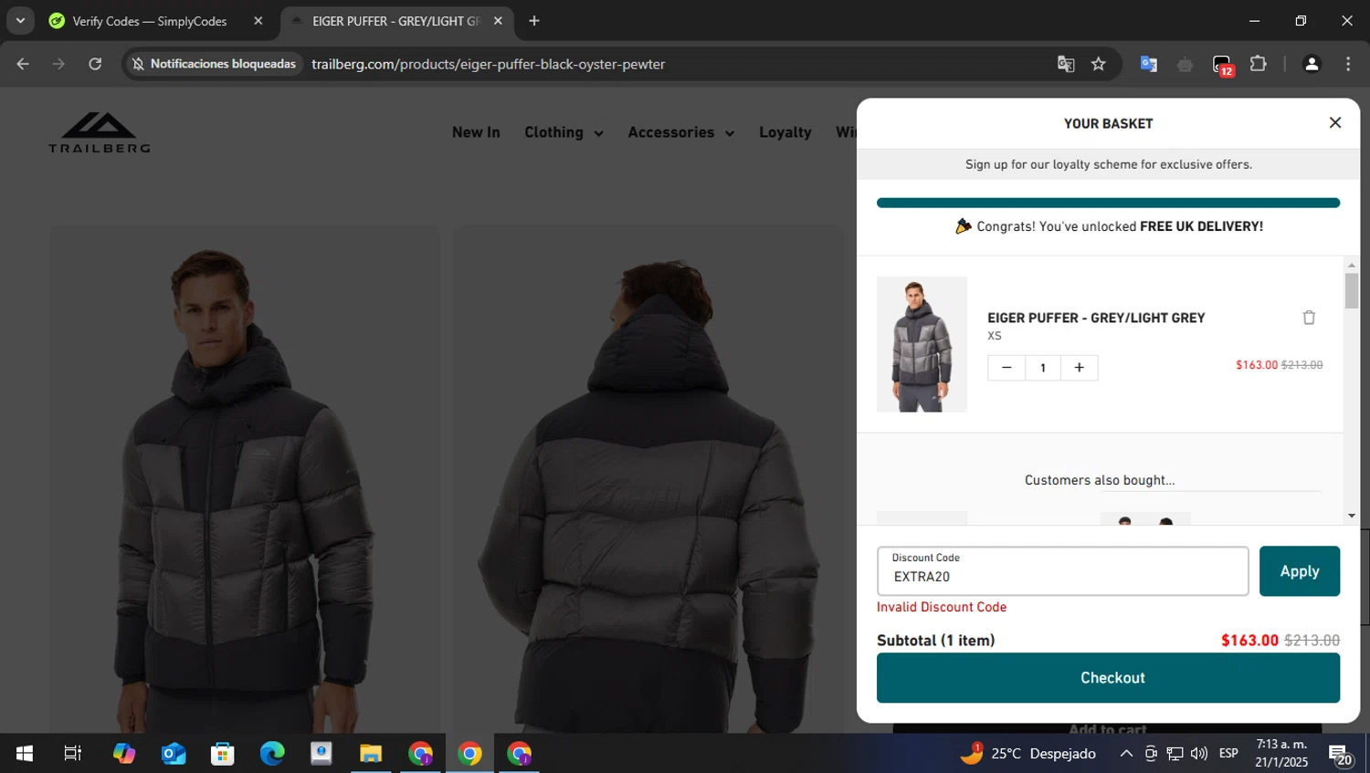 Trailberg discount code screenshot showing code EXTRA20 applied at Trailberg checkout page. Uploaded by SimplyCodes community member perry1 on Jan 21, 2025
