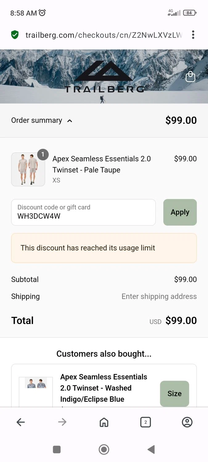 Trailberg discount code screenshot showing code WH3DCW4W applied at Trailberg checkout page. Uploaded by SimplyCodes community member Levi_Ackerman on Apr 21, 2025