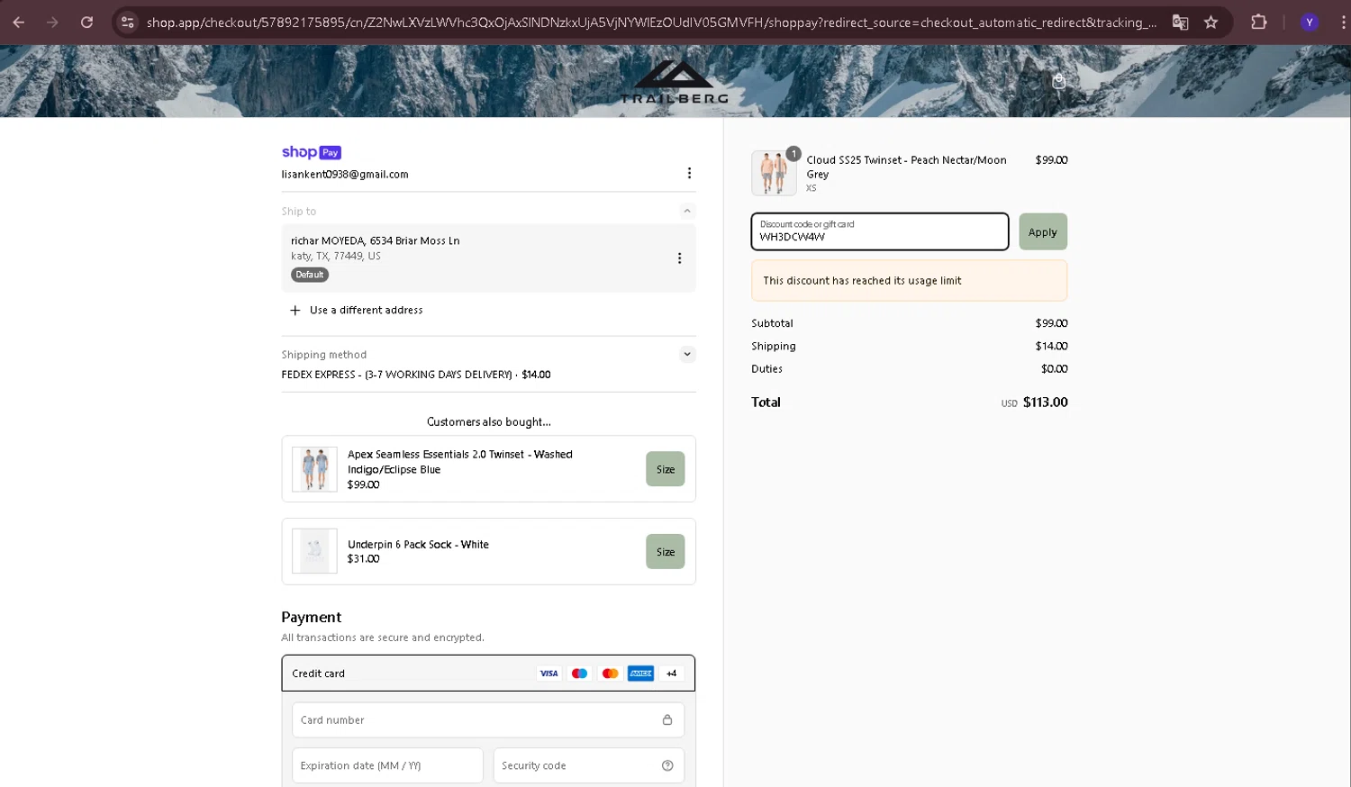 Trailberg discount code screenshot showing code WH3DCW4W applied at Trailberg checkout page. Uploaded by SimplyCodes community member Yabriel007 on Apr 21, 2025
