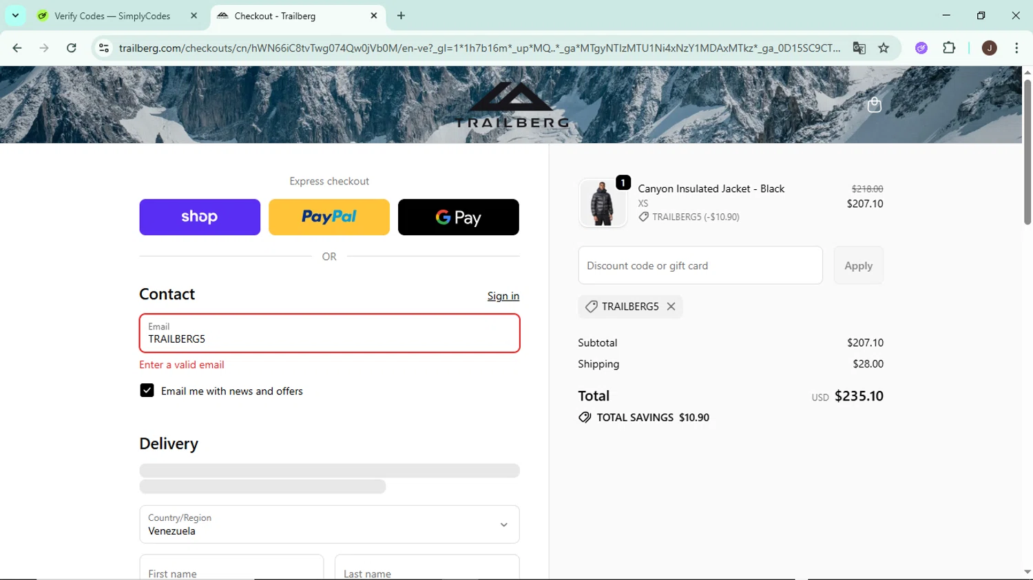 Trailberg discount code screenshot showing code TRAILBERG5 applied at Trailberg checkout page. Uploaded by SimplyCodes community member LegendaryAce8627 on Dec 6, 2025