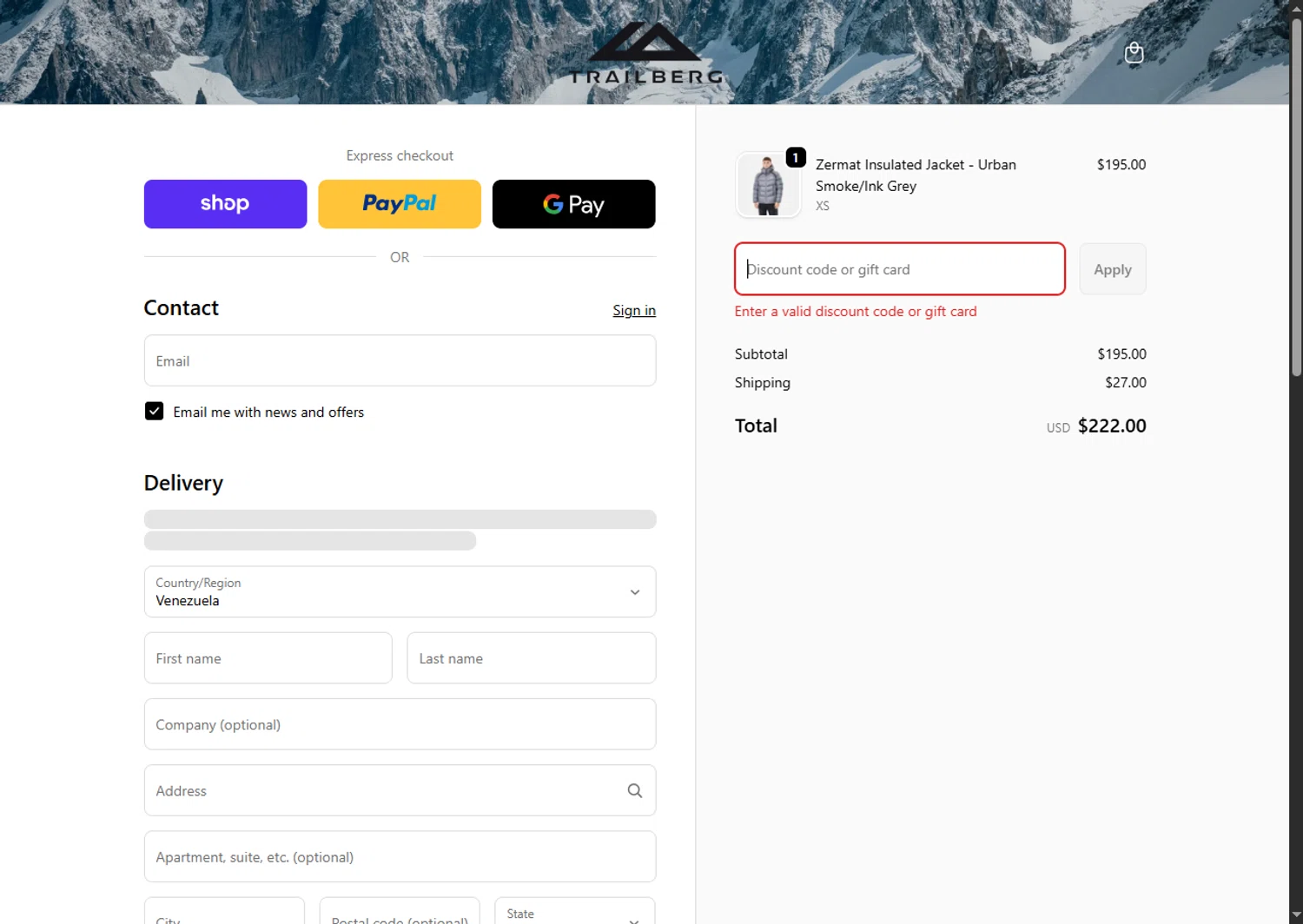 Trailberg discount code screenshot showing code STUDENTDISCOUNT applied at Trailberg checkout page. Uploaded by SimplyCodes community member BargainSaver8204 on Nov 4, 2025