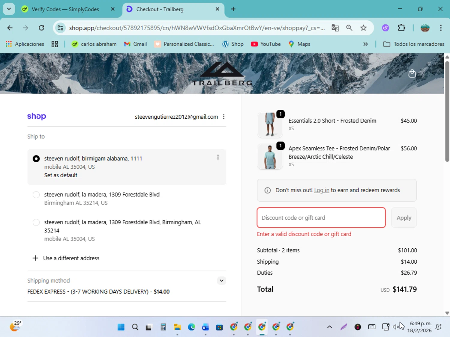 Trailberg discount code screenshot showing code UNIDAYS applied at Trailberg checkout page. Uploaded by SimplyCodes community member karolg on Feb 18, 2026