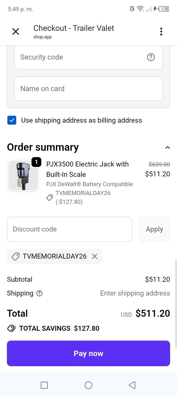 Trailer Vallet promo code screenshot showing code TVMEMORIALDAY26 applied at Trailer Vallet checkout page. Uploaded by SimplyCodes community member BonusVoyager4214 on May 22, 2026