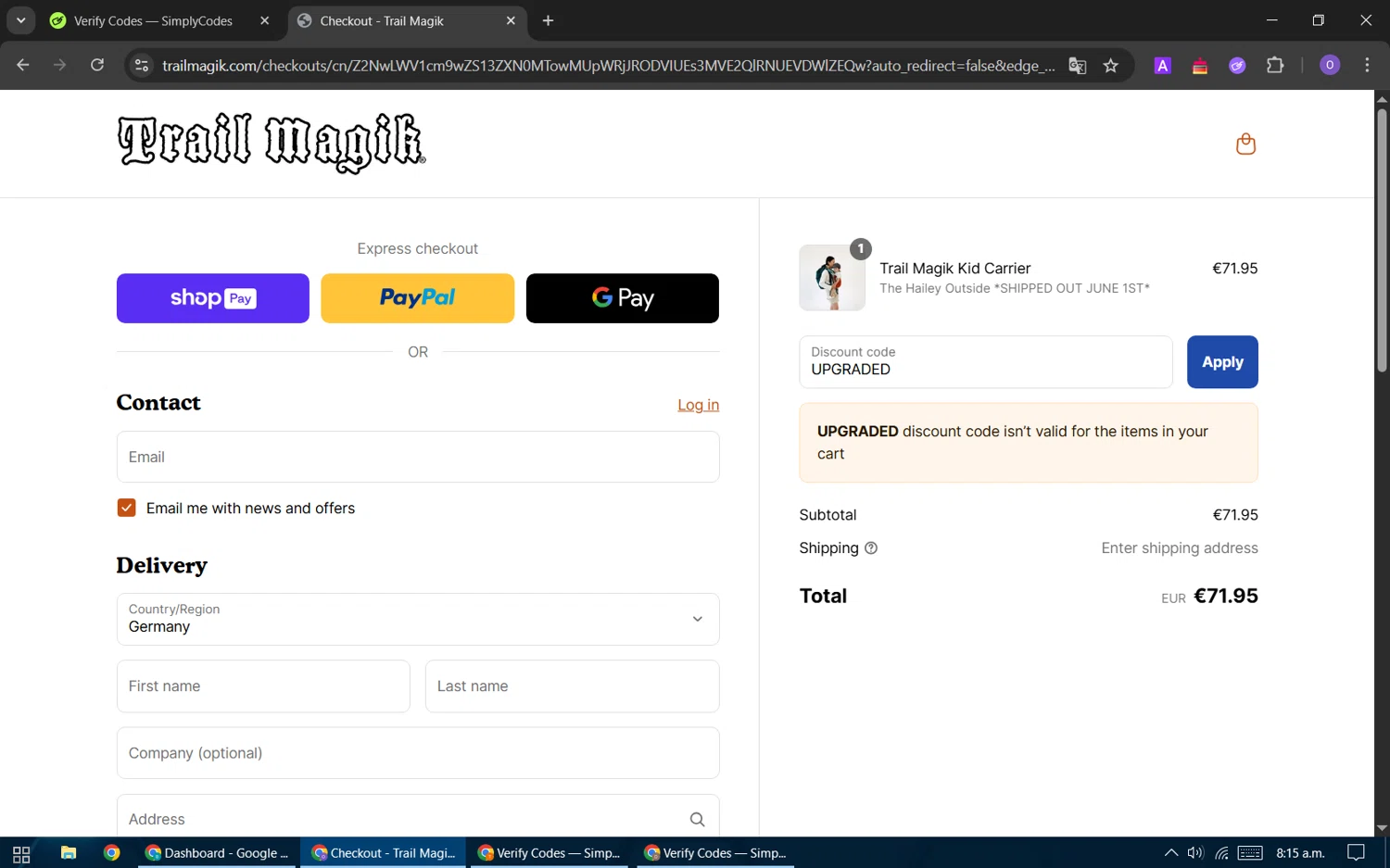 Trail Magik discount code screenshot showing code UPGRADED applied at Trail Magik checkout page. Uploaded by SimplyCodes community member BudgetHawk9503 on May 17, 2025