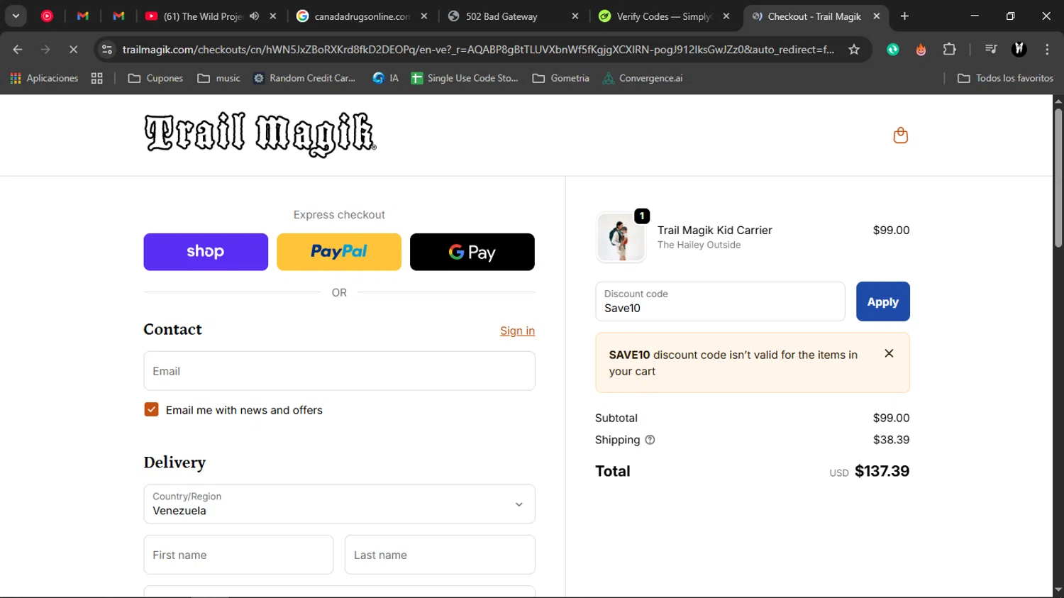 Trail Magik checkout page showing Trail Magik discount code box | Screenshot taken by SimplyCodes community member on Nov 15, 2025