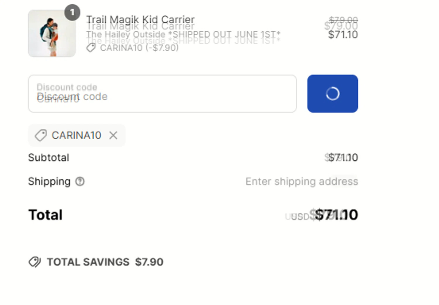 Trail Magik discount code screenshot showing code Carina10 applied at Trail Magik checkout page. Uploaded by SimplyCodes community member a2d2c2d211 on May 22, 2025