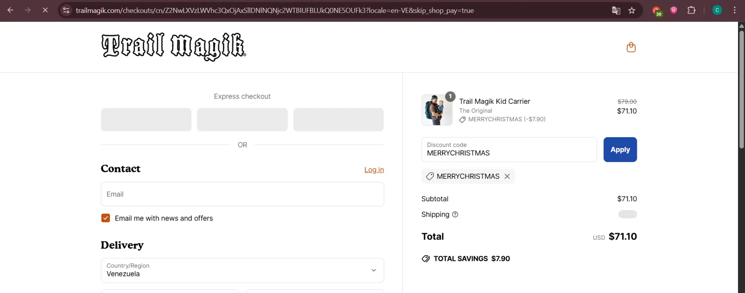 Trail Magik discount code screenshot showing code MERRYCHRISTMAS applied at Trail Magik checkout page. Uploaded by SimplyCodes community member Negritoo on Jun 22, 2025
