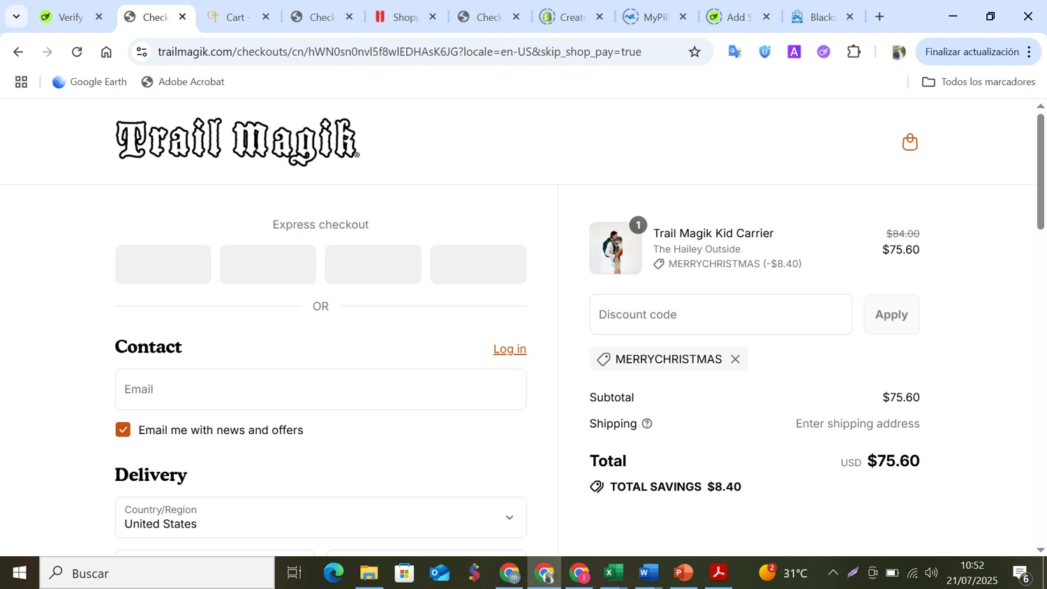 Trail Magik discount code screenshot showing code MERRYCHRISTMAS applied at Trail Magik checkout page. Uploaded by SimplyCodes community member NobleMonarch5837 on Jul 21, 2025